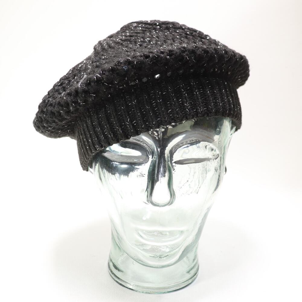 Vtg Charlotte Russe Shimmer Knit Beret Hat Women S M Black Silver Knit Pullon